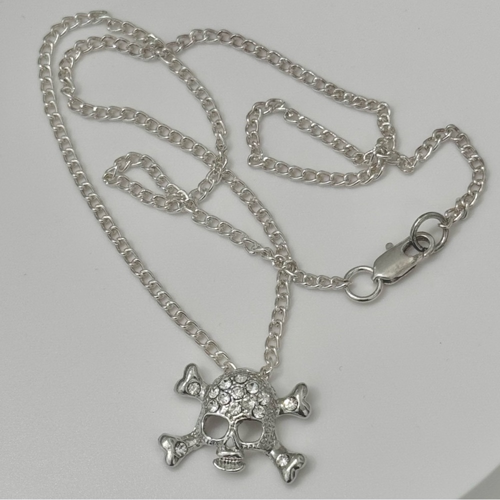 Silver Rhinestone Crystal Skull and Crossbones 18” Necklace